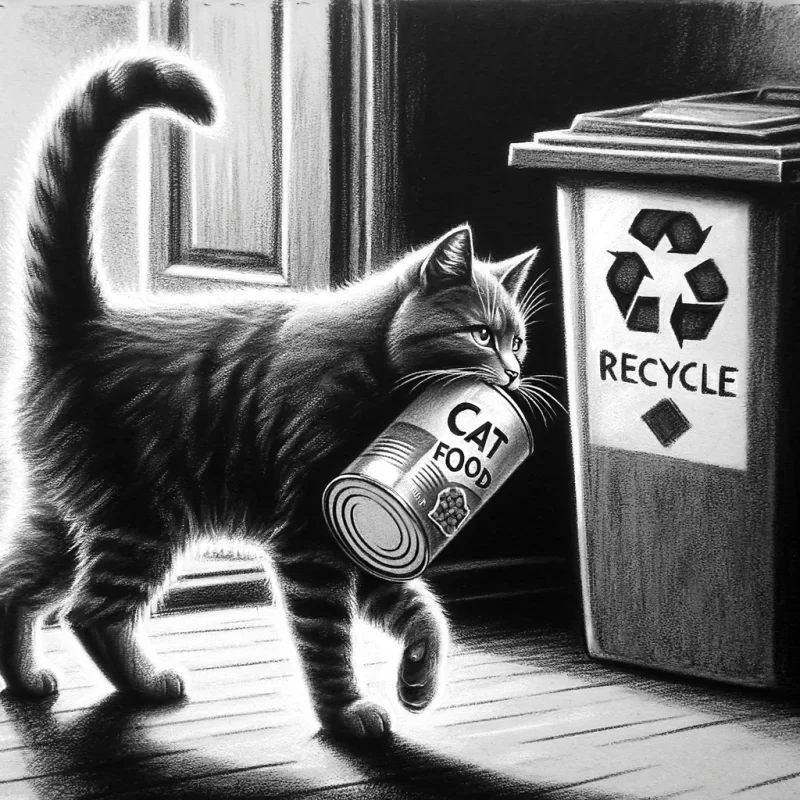 cat throwing cat food container to recycle bin