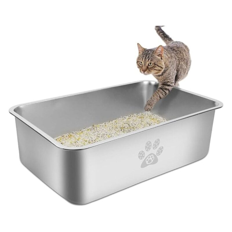 PWTAA Stainless Steel Cat Litter Box High Side Cats Toilet