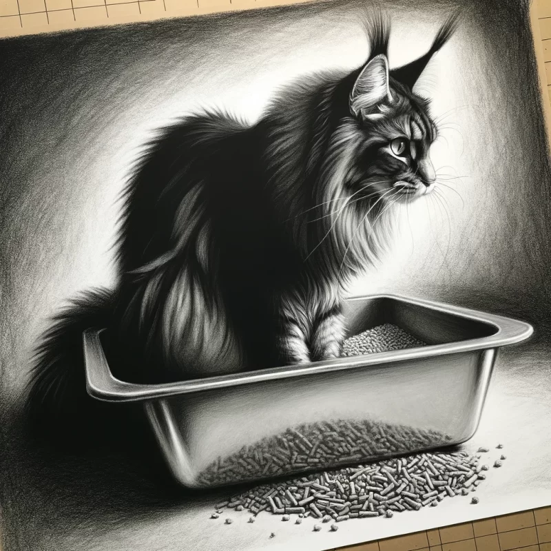 Maine Coon cat using stainless steel litter box with best litter for odour control