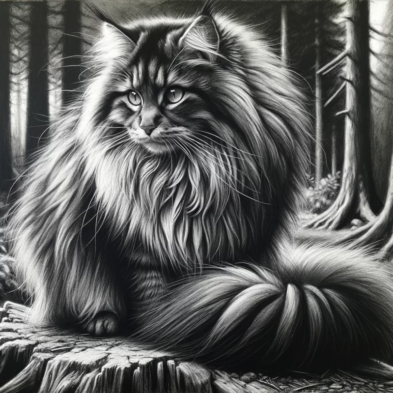 A Norwegian Forest cat, with its long, flowing fur and bushy tail, sitting amidst nature to suggest the best litter for odour control.
