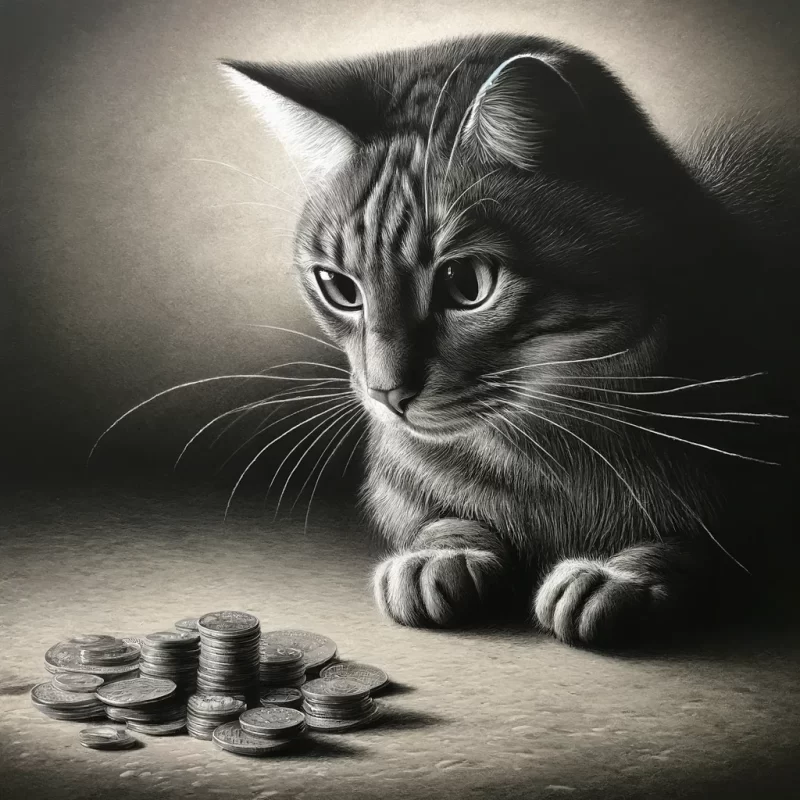 cat wondering if cheap cat litter can be sustainable near a pile of coins
