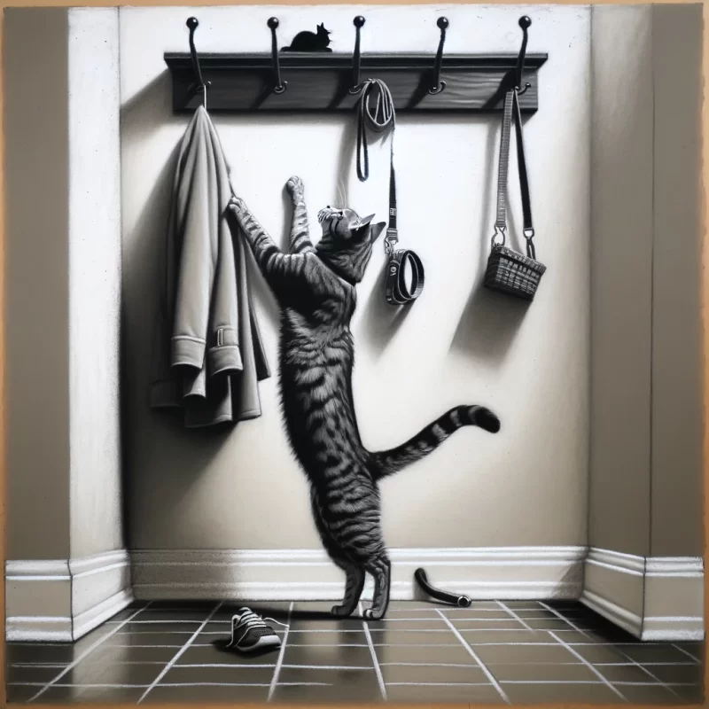 A drawing of an adult cat trying to reach its leash and harness, which are hanging on a higher hallway rack. Cat Leash Training