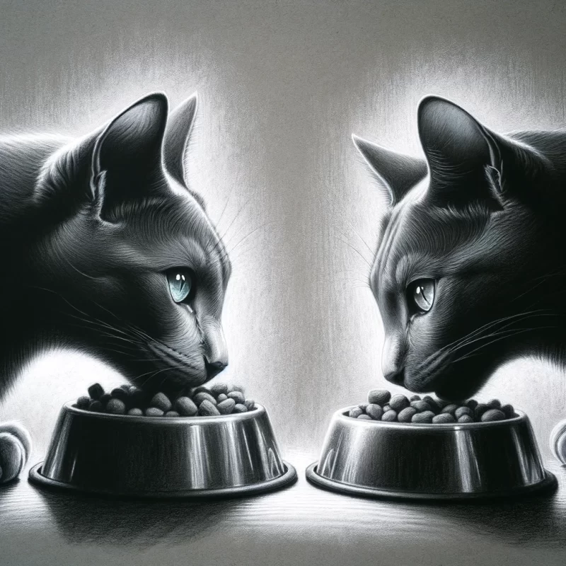 A drawing of two Russian Blue sister cats eating side by side from two separate stainless steel food bowls: organic cat food and sustainable cat food