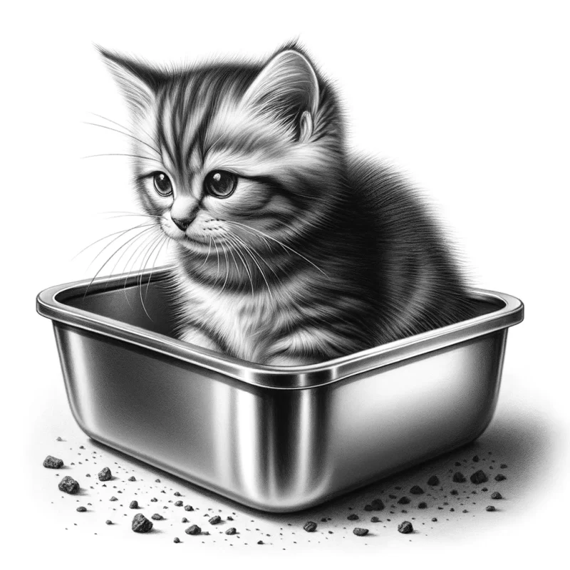 small cat using a sustainable stainless steel litter box with non clumping cat litter