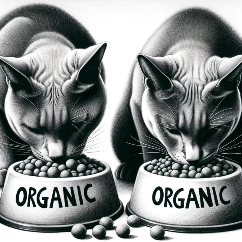 A-charcoal-drawing-of-the-two-Russian-Blue-sister-cats-eating-organic-cat-food