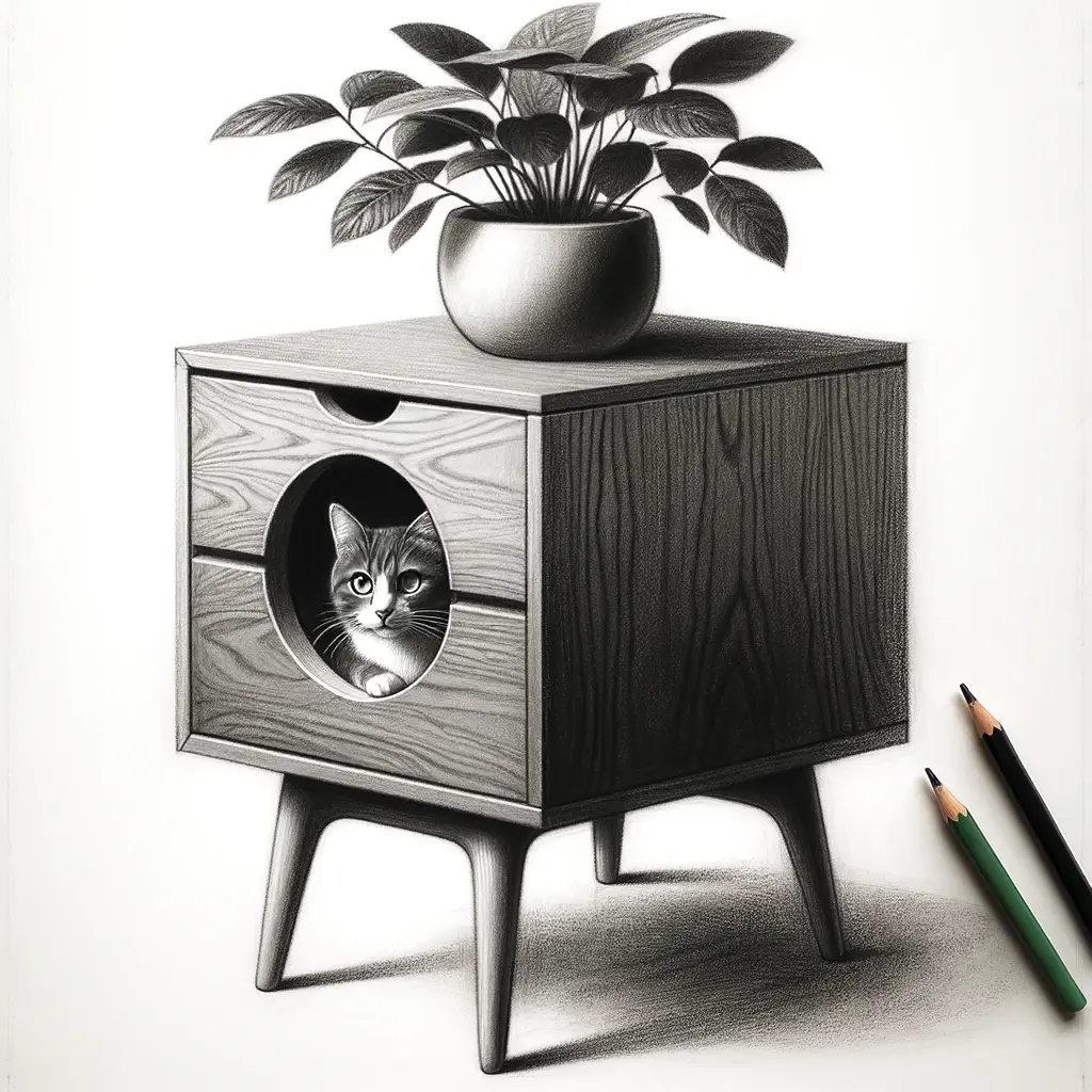A drawing of a Scandinavian design nightstand, sustainable cat furniture