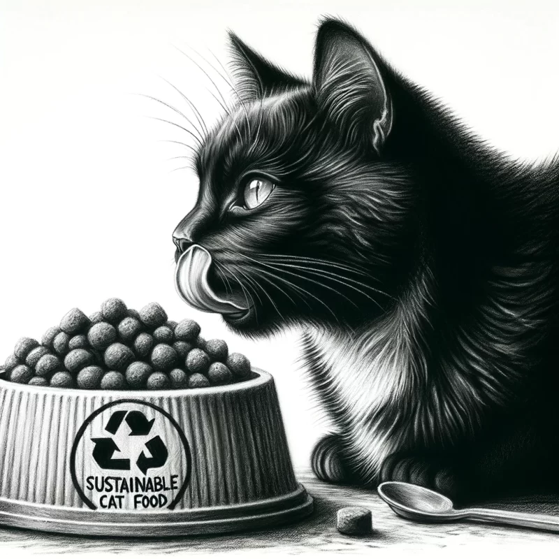A drawing of a cat licking its lips after eating sustainable organic cat food