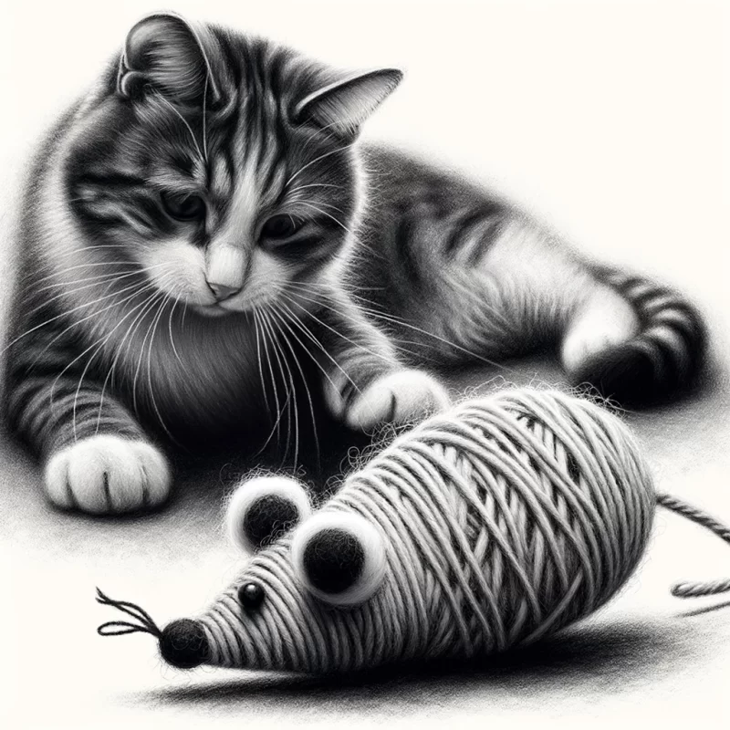 A drawing of a cat playing with sustainable cat toy