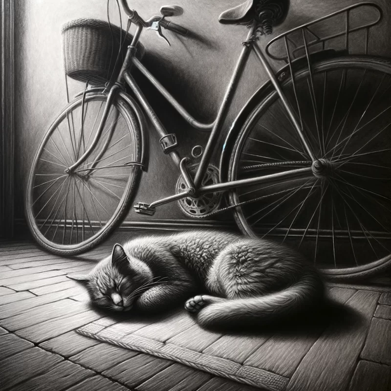 A drawing of a cat sleeping peacefully beside a bike in a hallway