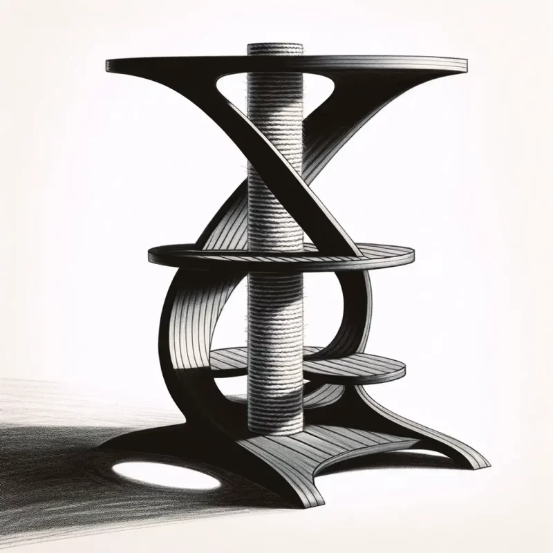 A-drawing-of-a-curvy-and-futuristic-standalone-scratching-post-for-cats-with-a-minimalistic-design-sustainable-cat-furniture