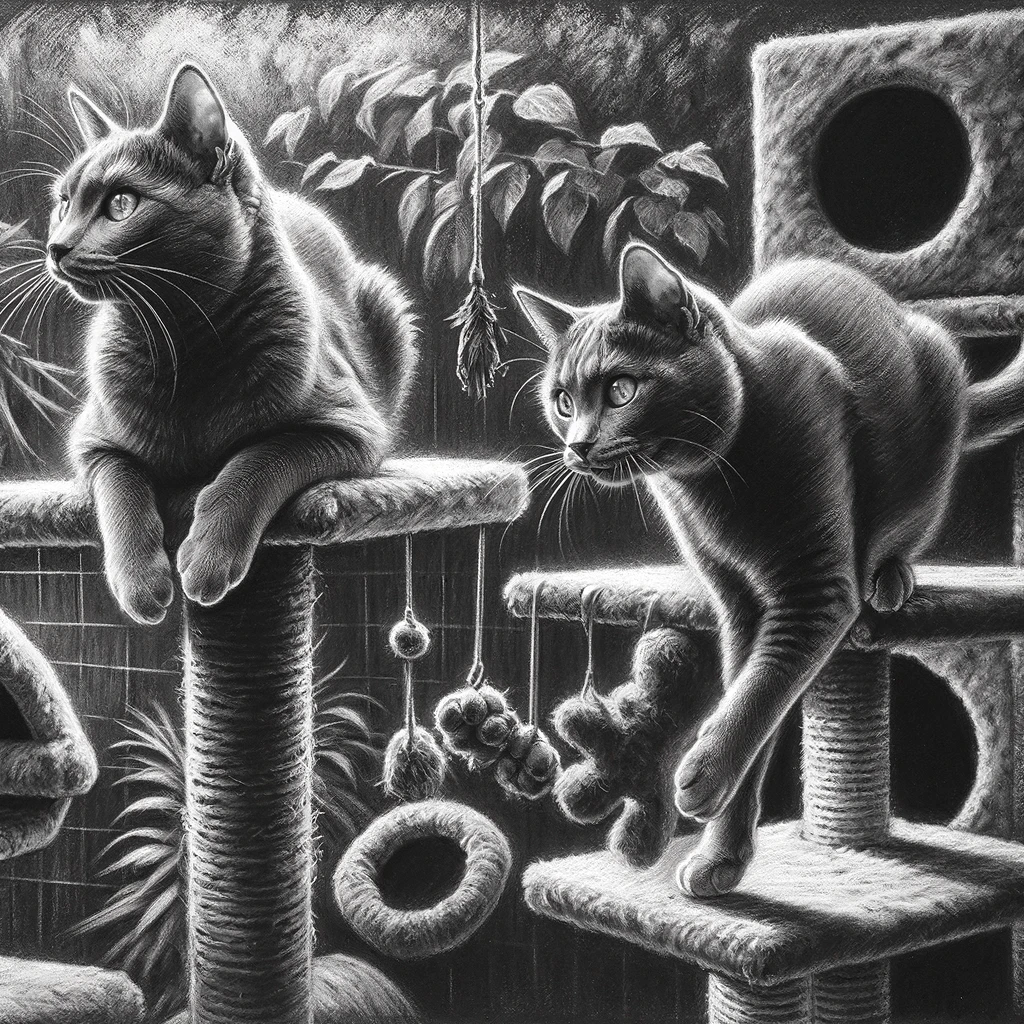 A drawing of two cats in their catio, cat patio, outdoor cat enclosure