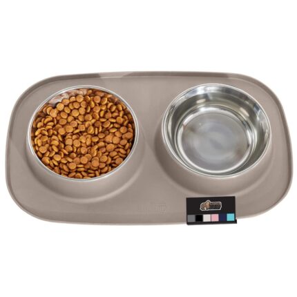 Gorilla Grip Cat Stainless Steel Bowls and Silicone Feeding Mat Set