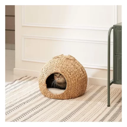 Gertrude Water Hyacinth Woven Wicker Round Cat Bed Cave with Handles